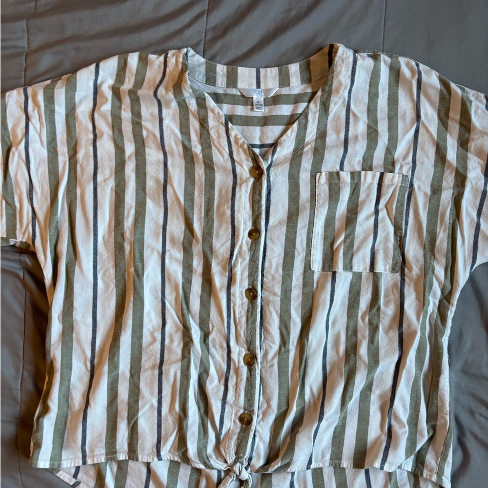 Time and Tru Olive and White Striped Shirt